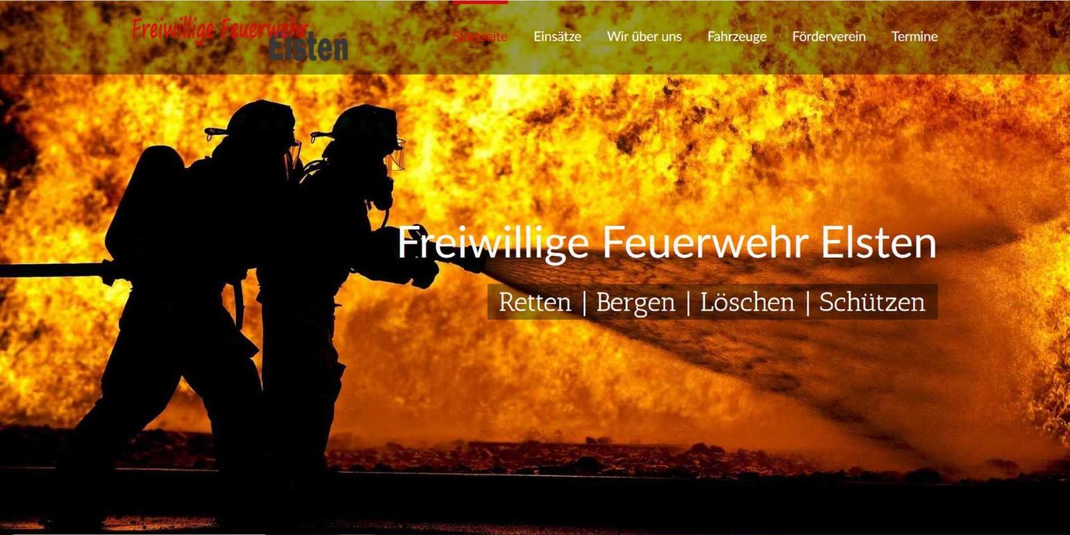 Zwei Feuerwehrleute bekämpfen ein großes Feuer, im Hintergrund lodern Flammen. Text: Freiwillige Feuerwehr, Retten | Bergen | Löschen.