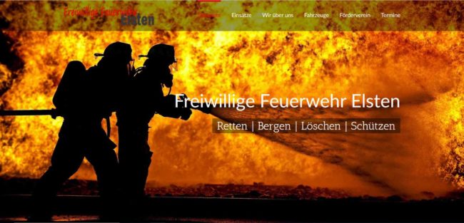 Zwei Feuerwehrleute bekämpfen ein großes Feuer, im Hintergrund lodern Flammen. Text: Freiwillige Feuerwehr, Retten | Bergen | Löschen.
