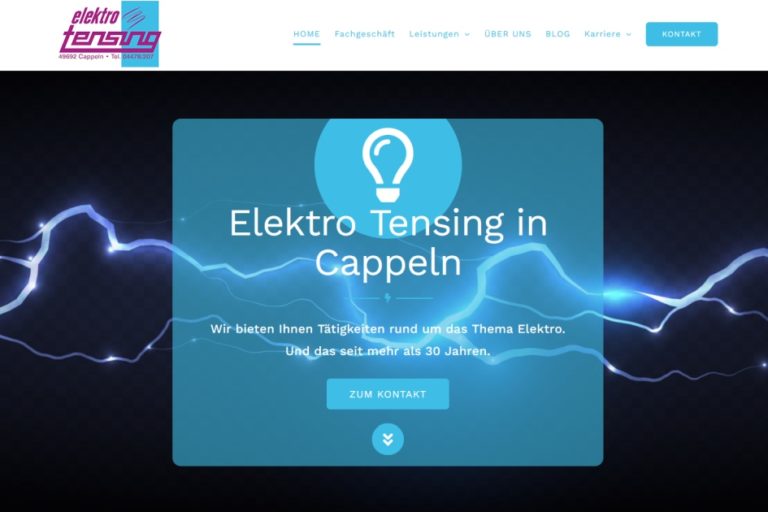 Startseite der Elektrofirma Tensing GmbH mit blauem Farbschema, Glühbirnensymbol und Text „Elektro Tensing in Cappeln“. Menüleiste oben, darunter ein zentrierter Info-Bereich.