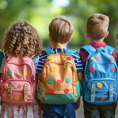 Vier Kinder mit bunten Rucksäcken und Punkten stehen nebeneinander im Freien, fotografiert von hinten, während sie auf einen grünen, unscharfen Hintergrund blicken.